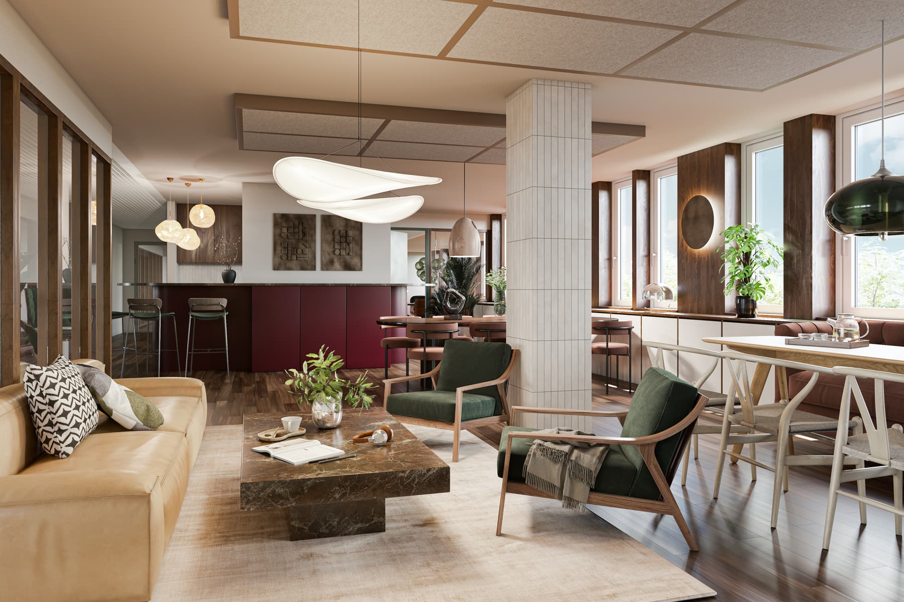 Ett vardagsrum fyllt med möbler och en bar.