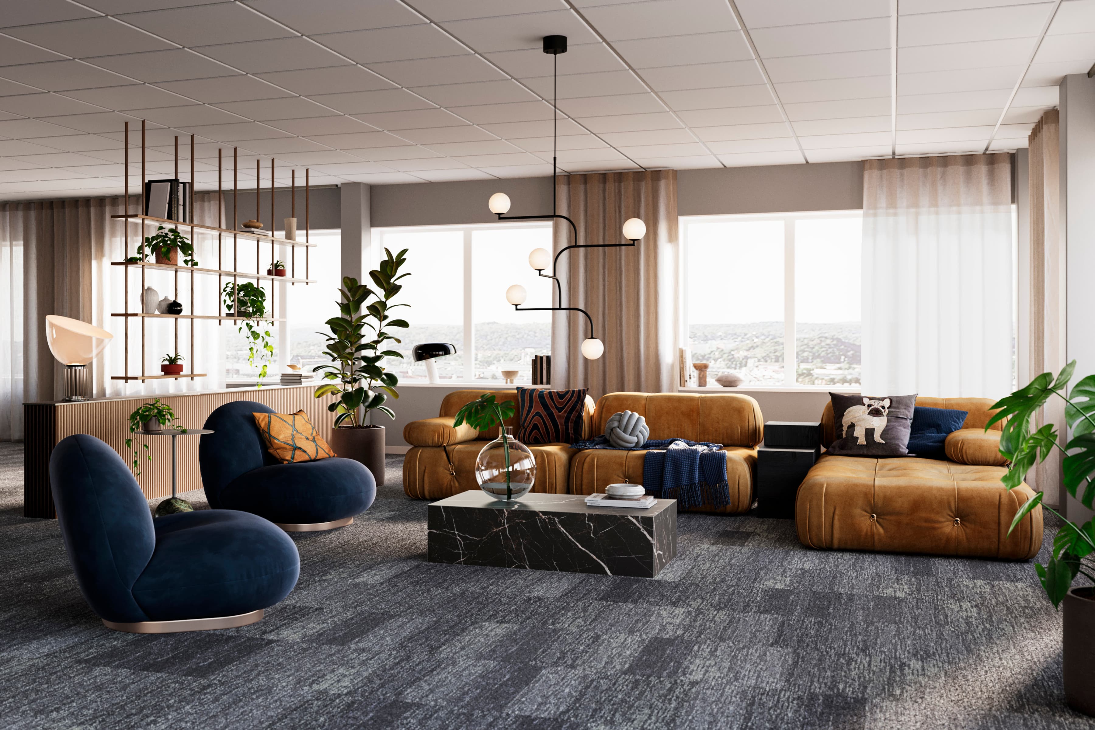 Ett vardagsrum fyllt med möbler och ett stort fönster.