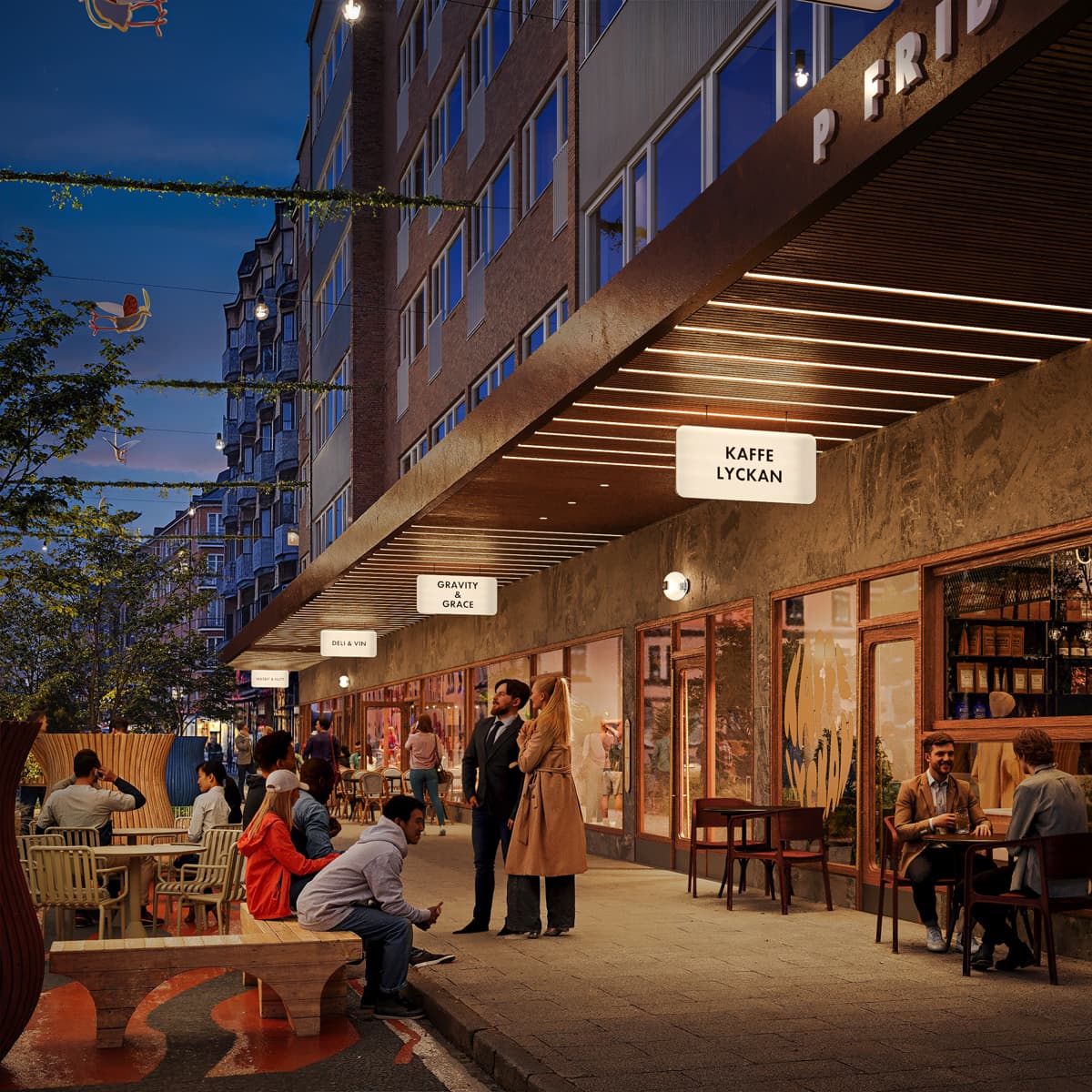 En grupp människor som sitter och står utanför en byggnad.